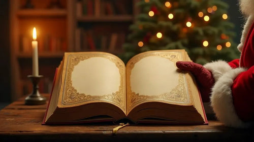 KI-erstellte Szene (Testfassung): Der Weihnachtsmann am Tisch mit dem aufgeschlagenen goldenen Buch