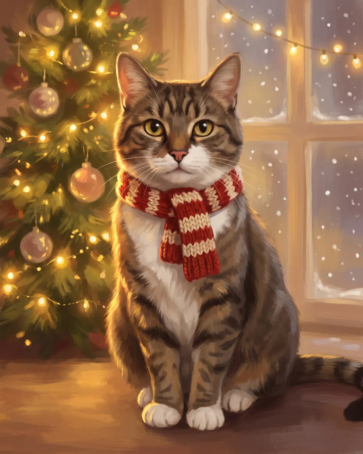 Getigerter Kater August mit rot-weißem Schal vor dem Weihnachtsbaum