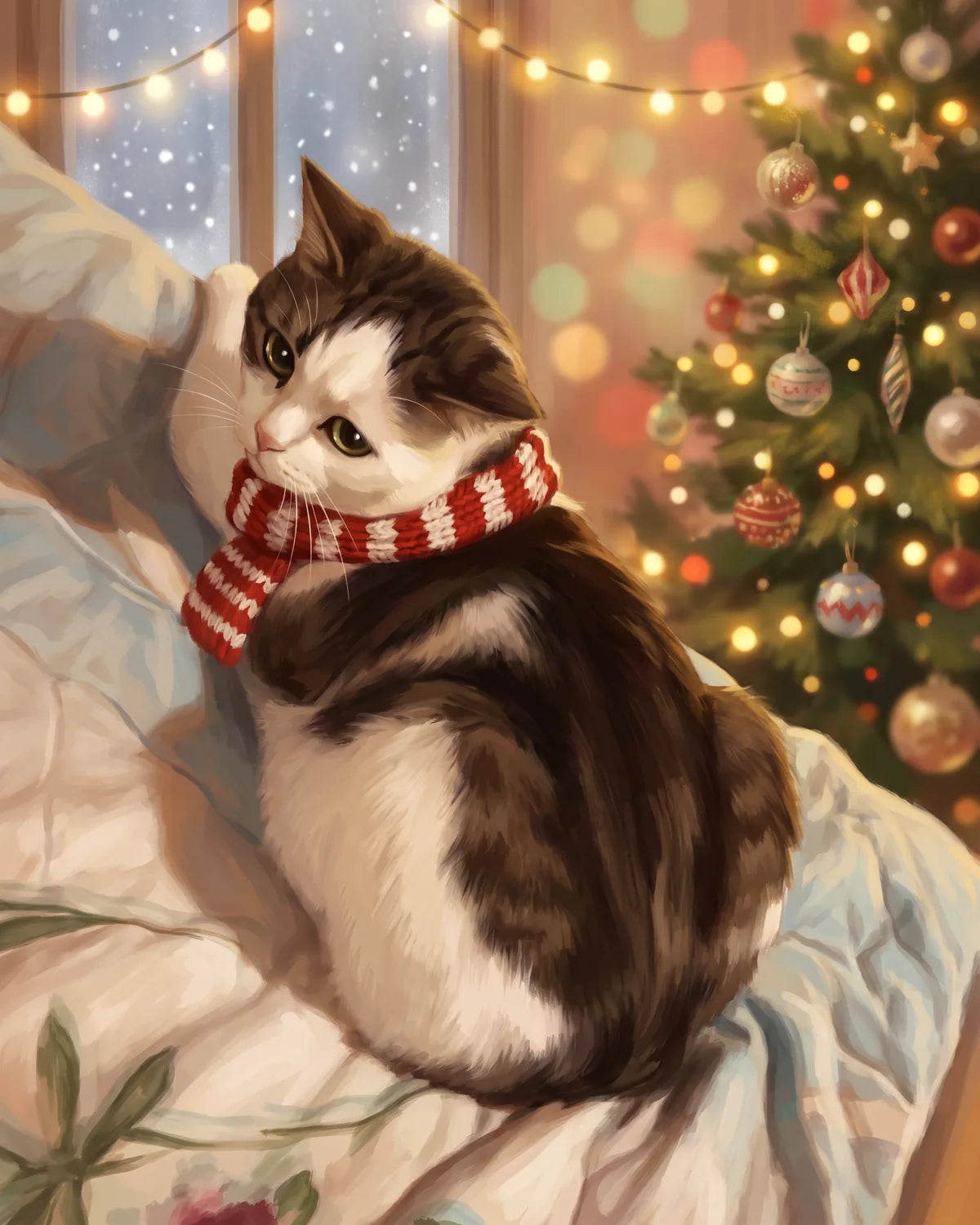 Derselbe Kater mit rot-weißem Schal vor dem Weihnachtsbaum