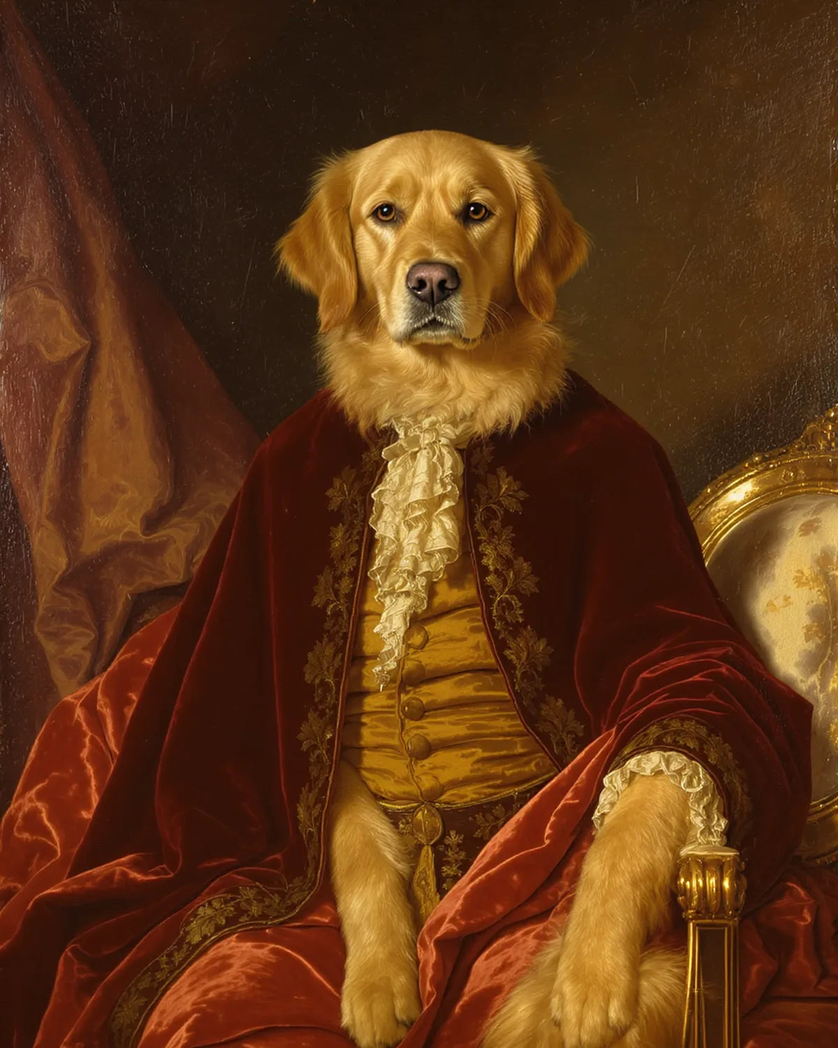 Golden Retriever als klassisches Ölgemälde mit rotem Samtumhang